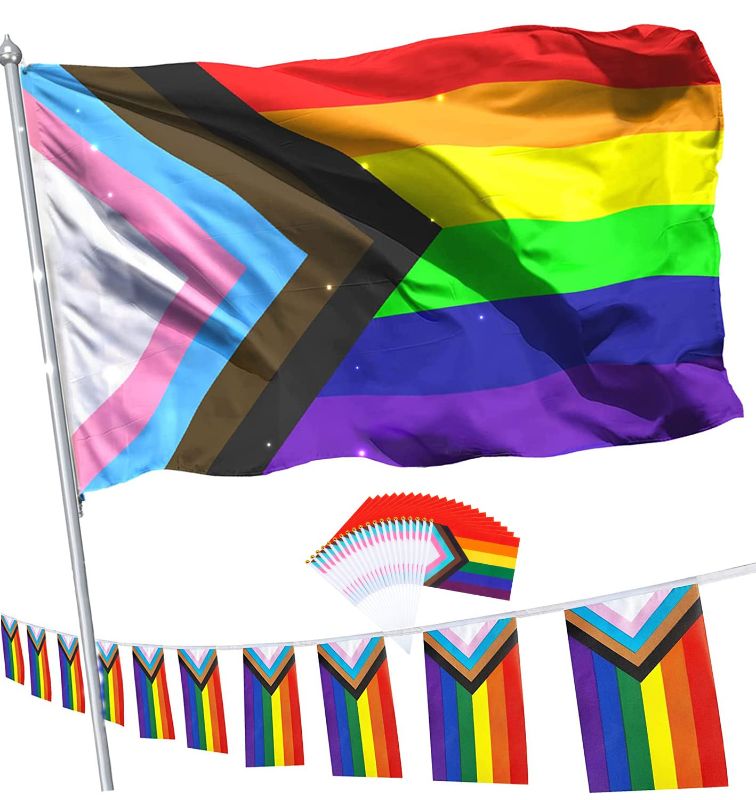 Photo 1 of 2 pack - Progress Pride Rainbow Flag Decorations, including Pride Flag 3x5 Feet, 10 Pcs Small Gay Pride Handheld Flags and 12 Feet 10 Pcs Pride Flag Banner String? Outdoor Bisexual LGBTQ Non Binary Lesbian Gay Transgender Prides Proculsexual Flags