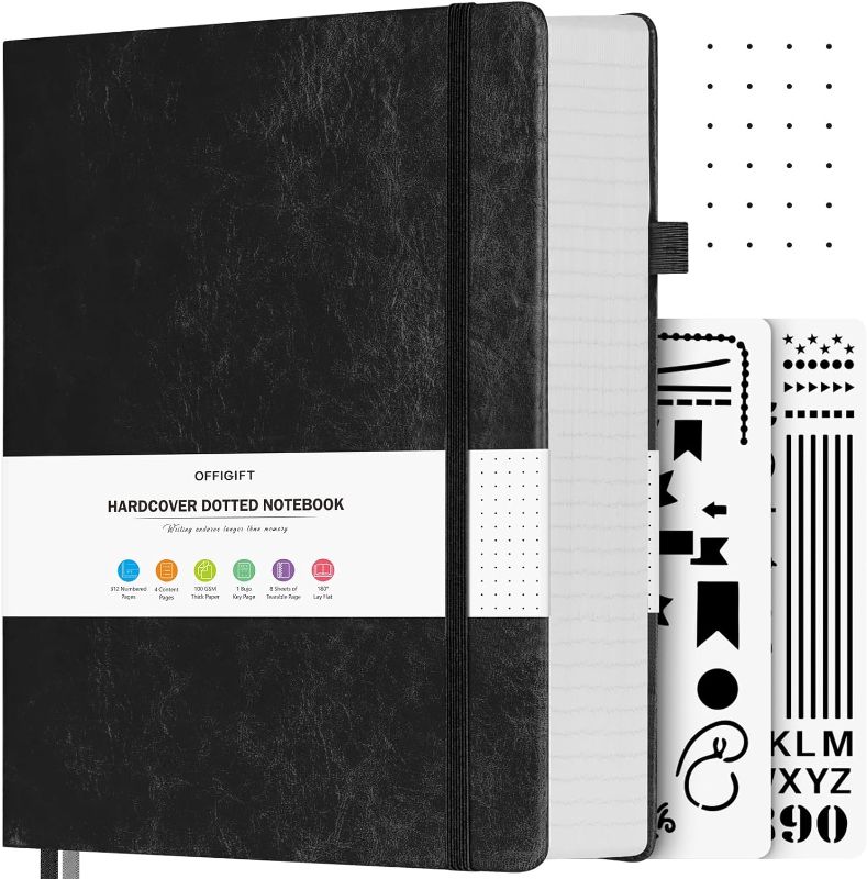 Photo 1 of OFFIGIFT Bullet Dotted Journal, Large A4 Hardcover Leather Journal, 312 Numbered Pages Thick Journal, 100gsm No Bleed Paper Dot Grid Notebook for Women Men, 8.5'' × 11'', Black
