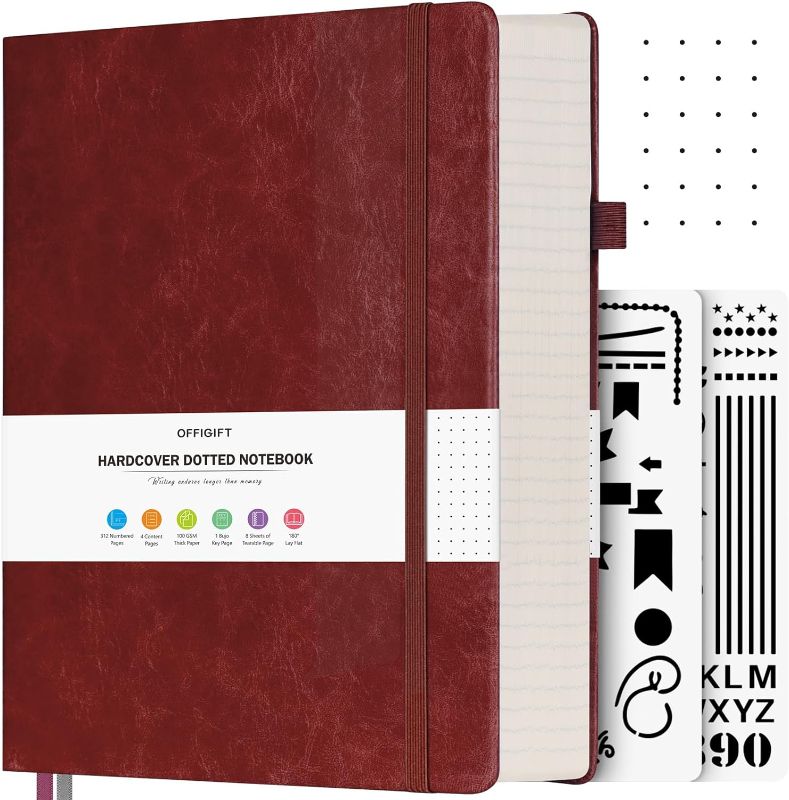 Photo 1 of OFFIGIFT Bullet Dotted Journal, Large A4 Hardcover Leather Journal, 312 Numbered Pages Thick Journal, 100gsm No Bleed Paper Dot Grid Notebook for Women Men, 8.5'' × 11'', Burgundy
