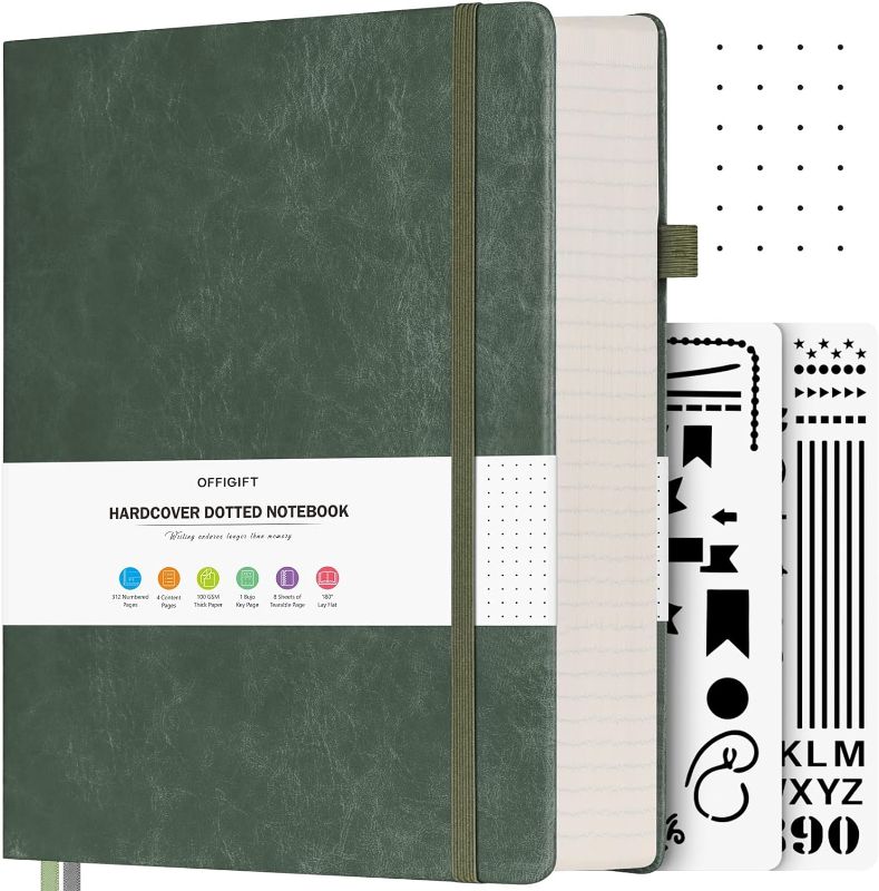 Photo 1 of OFFIGIFT Bullet Dotted Journal, Large A4 Hardcover Leather Journal, 312 Numbered Pages Thick Journal, 100gsm No Bleed Paper Dot Grid Notebook for Women Men, 8.5'' × 11'', Green
