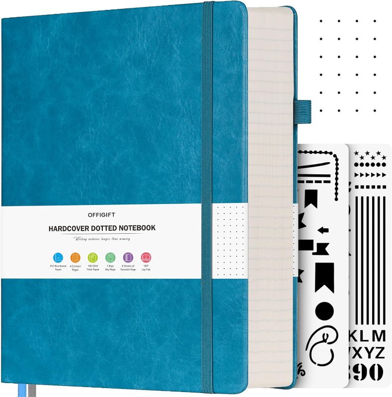 Photo 1 of OFFIGIFT Bullet Dotted Journal, Large A4 Hardcover Leather Journal, 312 Numbered Pages Thick Journal, 100gsm No Bleed Paper Dot Grid Notebook for Women Men, 8.5'' × 11'', Blue
