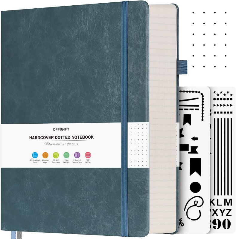 Photo 1 of OFFIGIFT Bullet Dotted Journal, Large A4 Hardcover Leather Journal, 312 Numbered Pages Thick Journal, 100gsm No Bleed Paper Dot Grid Notebook for Women Men, 8.5'' × 11'', Grey Blue
