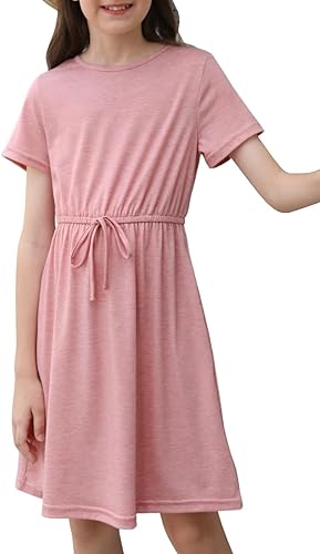 Photo 1 of Makkrom Girl's Casual Dress Short Sleeve Scoop Neck Flowy Plain Summer Mini Short Dress for Kids 5-14Y
