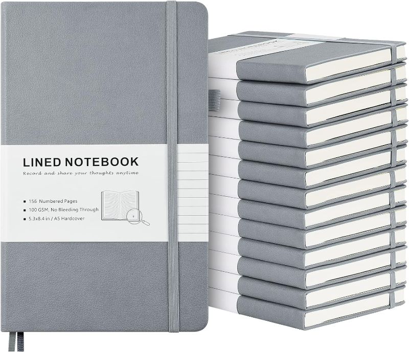 Photo 1 of Leather Journal Notebook, 14 Pack Lined Notebook Journal for Women Men, Planner, Numbered Pages with Index Content, 100 GSM Thick Paper, Inner Pockets, Bookmarks, A5 Hardcover Notebooks Bulk (Gray, A5)
