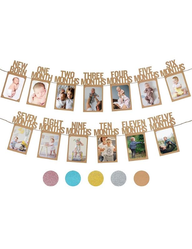 Photo 1 of 2 PACK***PartyHooman 1st Birthday Photo Banner for Baby from Newborn to 12 Months, First Birthday Decorations Boy or Girl Monthly Milestones Garland | First Birthday Photo Banner Pre-Strung with Frame (Kraft)