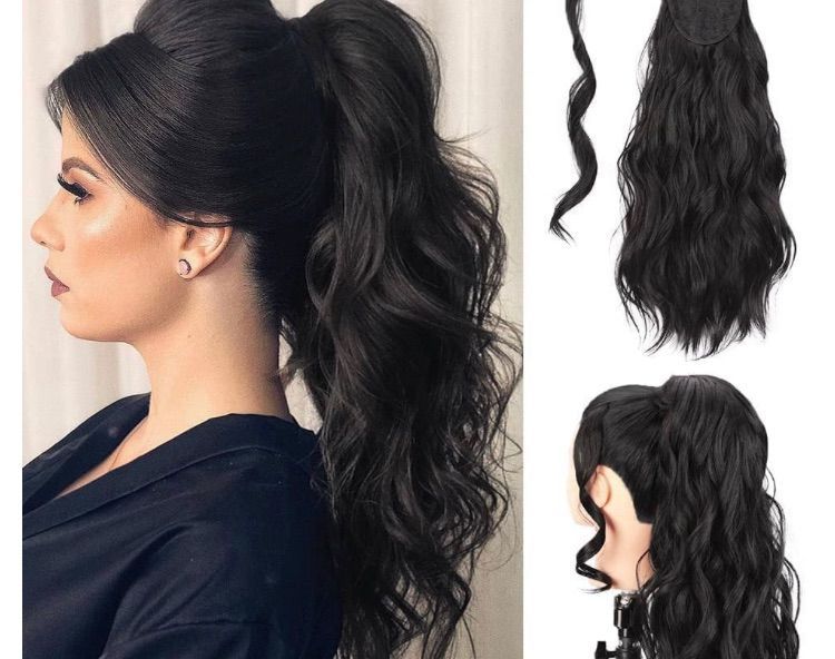 Photo 1 of **STOCK PHOTO FOR REFERENCE ONLY**
DeeThens Long Wavy Ponytail Extension with 2PCS Front Side Bangs for Women, DARK BROWN, 20 Inch