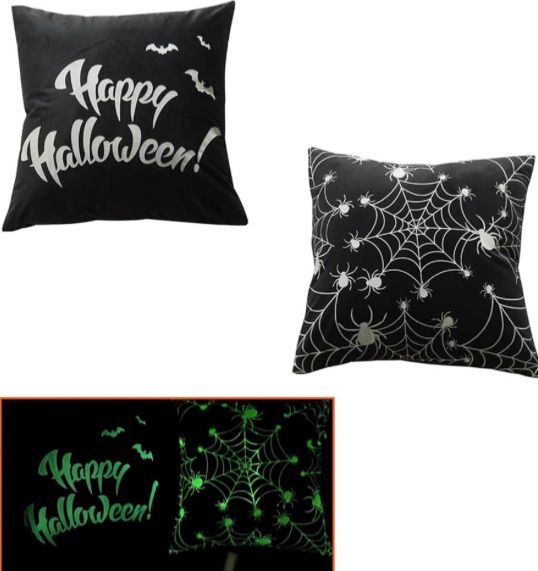 Photo 1 of 2 Joizomou Halloween Pillow Covers 18x18 Set of 2 Halloween Throw Pillows Cute Halloween Decor Black Halloween Throw Pillows for Sofa Couch Decorations (Happy Halloween and Spider