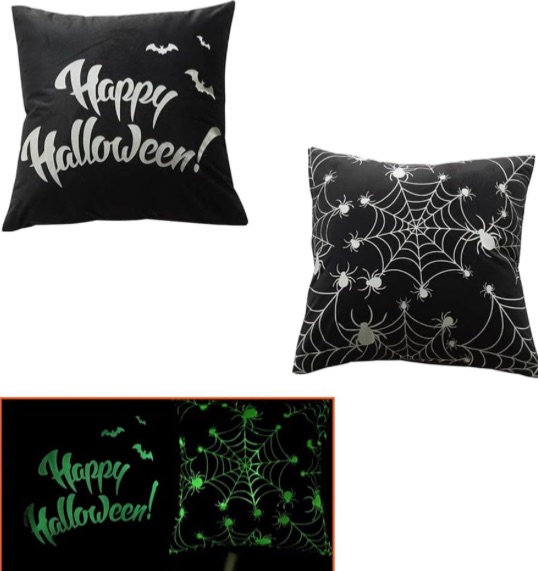Photo 1 of 2 Joizomou Halloween Pillow Covers 18x18 Set of 2 Halloween Throw Pillows Cute Halloween Decor Black Halloween Throw Pillows for Sofa Couch Decorations (Happy Halloween and Spider