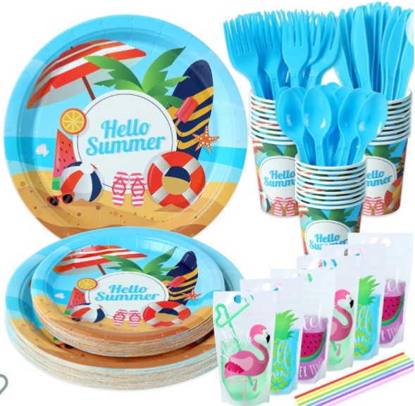 Photo 1 of 162Pcs Summer Beach Party Supplies Party Decorations (Serves 25) Birthday Disposable Tableware Set include Dinner Plates, Dessert Plates, Cups, Knives, Forks, Spoons,Straws,Beverage Bags