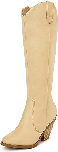 Photo 1 of LAICIGO Womens Square Toe Knee High Boots Chunky Stacked Heel Faux Suede Leather Side Zipper Winter Ridding Boots 5.5
