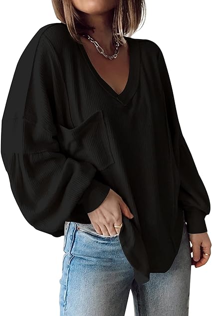 Photo 1 of BTFBM Women's Casual V Neck Ribbed Knitted Shirts Pullover Tunic Tops Loose Balloon Sleeve Solid Color Blouses Top
