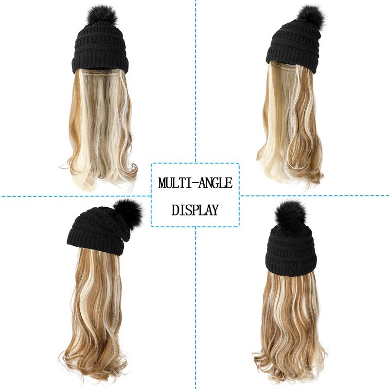 Photo 1 of  Beanie Hat with Long Wavy Curly Hair Extensions Knit Black Cap Attached 20inch Synthetic Wig Detachable Hairpiece Warm Pom for Women Winter