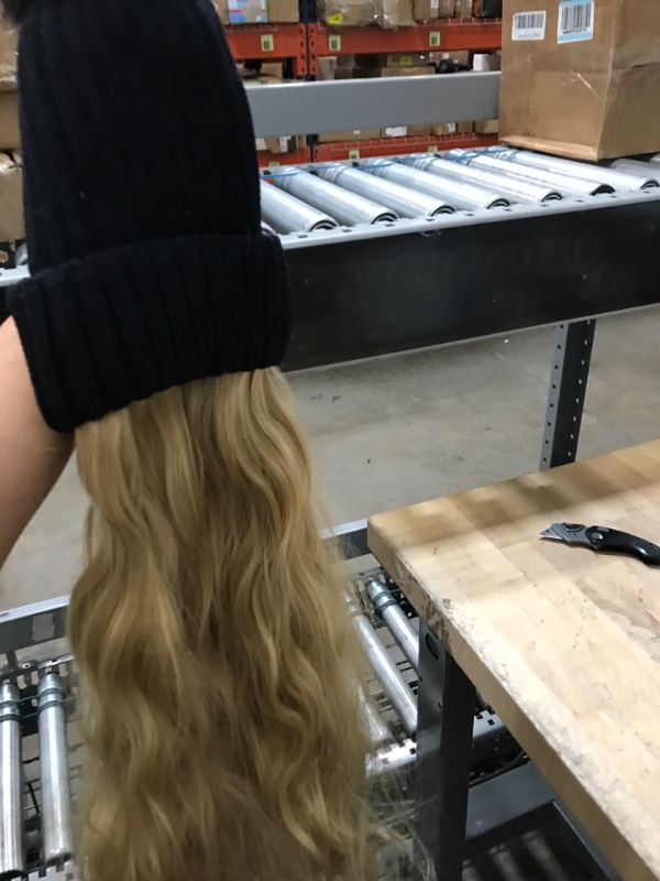 Photo 1 of  Beanie Hat with Long Wavy Curly Hair Extensions Knit Black Cap Attached 20inch Synthetic Wig Detachable Hairpiece Warm Pom for Women Winter
