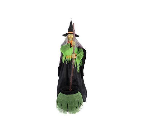 Photo 1 of (VISIBLY USED) Haunted Hill Farm Haunted House Halloween Decor, Green Witch in Black Raggedy Black Robe & Hat with Fortune Telling LED Light-Up Orb 