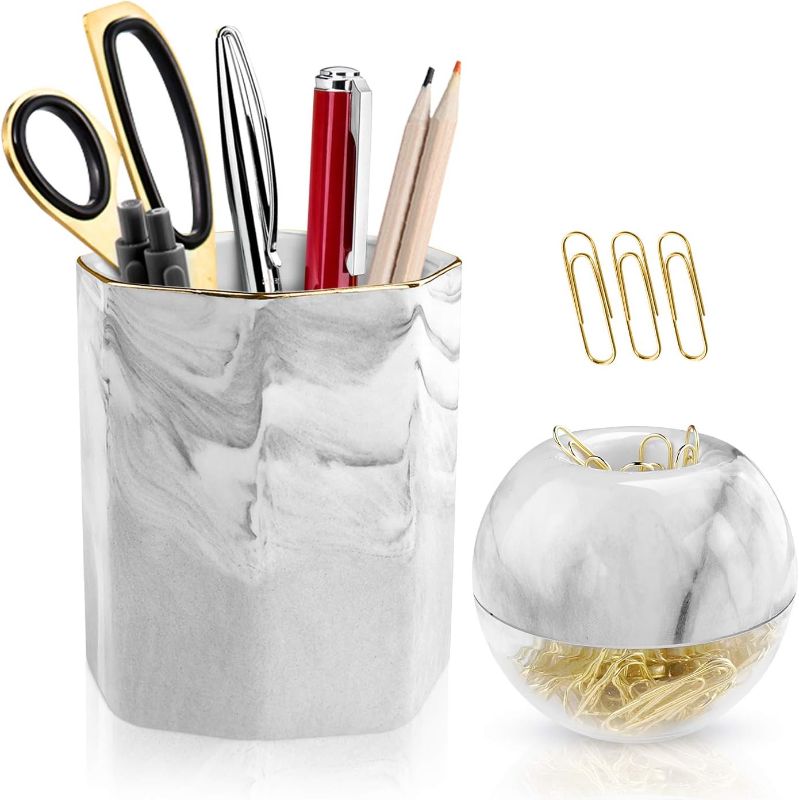 Photo 1 of Ceramic Desk Pen Holder Stand, Cute Marble Pattern Pencil Cup, Durable Ceramic Desk Organizer Makeup Brush Holder, with 100 Pcs Magnetic 28mm Gold Paper Clips in Marble White Round Dispenser Holder