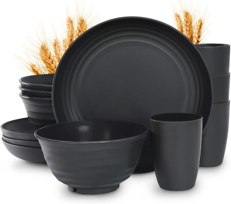 Photo 1 of 12pcs Plastic Wheat Straw Dinnerware Sets, Wheat Straw Plates and Bowls Sets for 4 College Dorm Room Essentials Microwave Dishwasher Safe (Black)
