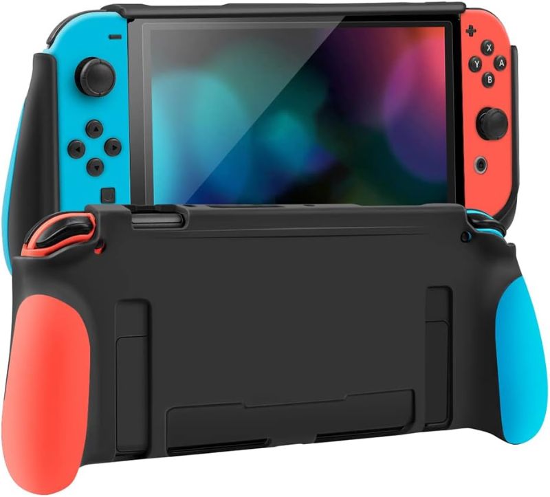 Photo 1 of protective Case for Switch OLED(Not Fit in OLED Dock),Switch OLED Hand Grip Cover Case,Ergonomic Silicone Grip with Soft TPU for Switch OLED,Switch OLED Handheld Mode Protector Case(Red and Blue)