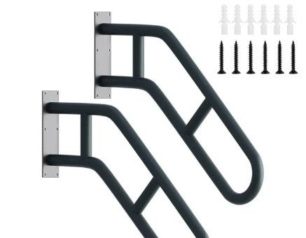 Photo 1 of 2 Pack Hand Railings for Stairs Outdoor, 25" Stair Handrails with Black Matte Finish and 2 Anti-Skid Bar, Wall Mounted Safety Grab Bars for Garage, Porch, Garden, Indoor, 1-3 Steps
