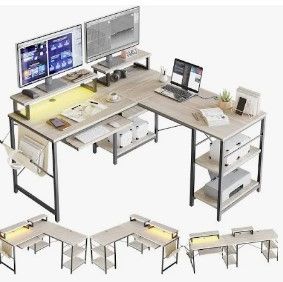 Photo 1 of Bestier L-Shaped Desk LED 95.2 in. Computer Corner Desk with Keyboard Tray Monitor Stand Wash