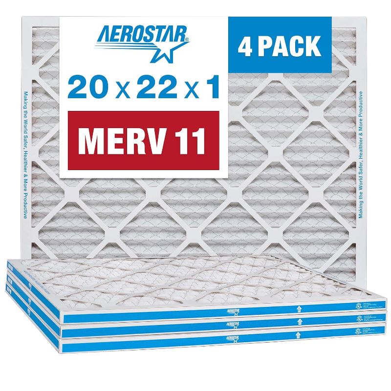 Photo 1 of 
Aerostar 20x22x1 MERV 11 Pleated Air Filter, AC Furnace Air Filter, 4 Pack (Actual Size: 19 3/4"x21 3/4"x3/4")