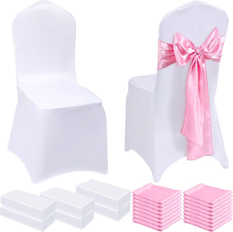 Photo 1 of 100 Pcs 50 Pack Wedding Chair Covers Stretch Spandex Chair Covers with Decorative Elastic Chair Sash Silk Chair Bows for Wedding Banquet Dining Kitchen Party Decoration (Pink,White)
