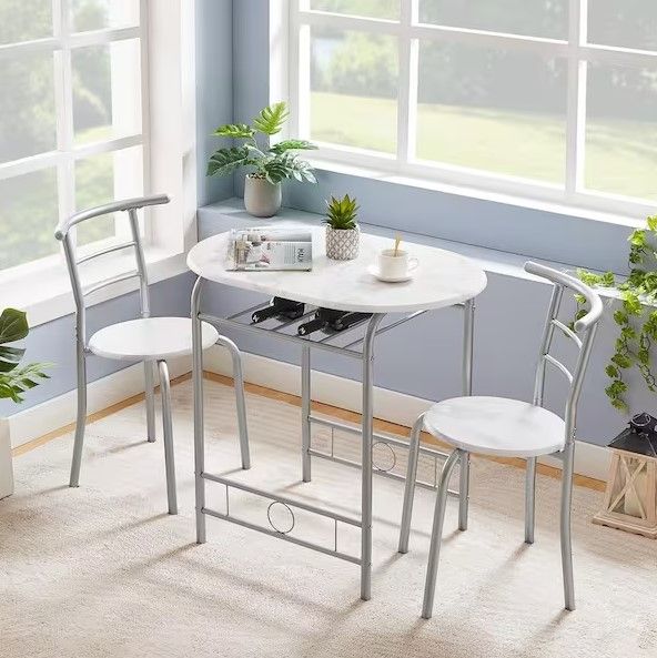 Photo 1 of 3-Piece Dining Table Set for Compact Space with Steel Frame, Wooden Round Table with Built-in Wine Rack, Pure White
