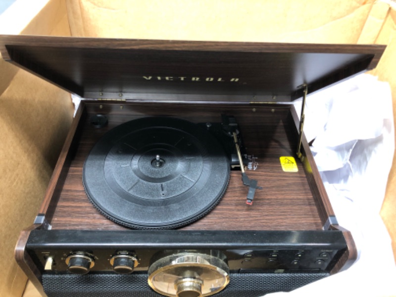 Photo 2 of Victrola Empire Mid-Century 6-in-1 Turntable with 3 Speed Record Player, Bluetooth Connectivity, Radio, Cassette and CD Player (Espresso) Espresso Record Player