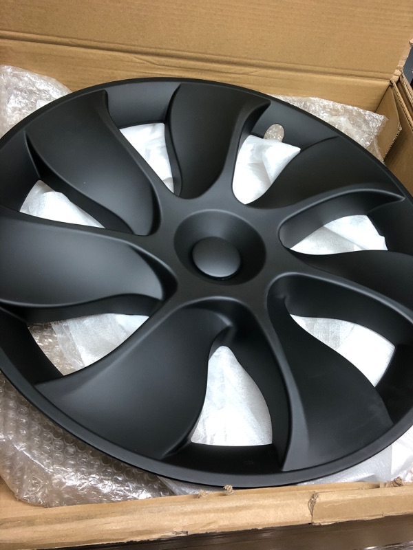 Photo 2 of KAVANIC Wheel Cover Hubcap 19 Inch Matte Black Support Logo Symmetry Design (4 PCS) Blade Style 2020-2023 Fits Tesla Model Y Gemini Wheel Cover Replacement Blade Style Matt Black