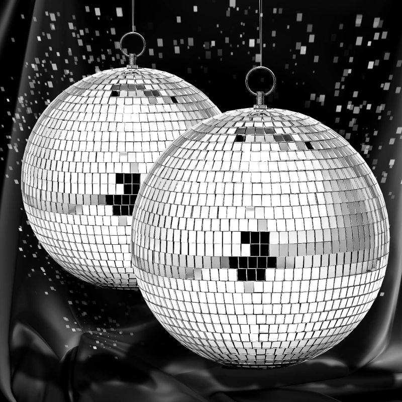 Photo 1 of 2 Pack Large Disco Ball Silver Hanging Mirror Disco Ball Reflective Mirror Disco Ball Ornament for Party Holiday Wedding Dance Music Festivals Decor Club Stage Props DJ Decoration (8 Inch, 16 Inch)