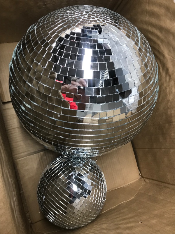 Photo 2 of 2 Pack Large Disco Ball Silver Hanging Mirror Disco Ball Reflective Mirror Disco Ball Ornament for Party Holiday Wedding Dance Music Festivals Decor Club Stage Props DJ Decoration (8 Inch, 16 Inch)