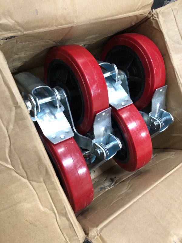 Photo 2 of VEVOR Scaffolding Wheels 8", Scaffold Wheels Set of 4, Heavy Duty Locking Casters 3200LBS Capacity, Locking Stem Casters with Brake, Red Polyurethane - Replacement for Scaffold, Shelves