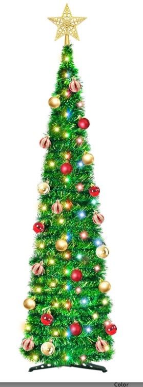 Photo 1 of [ Dual Color Switch & Timer ] 5Ft Prelit Pop Up Christmas Tree,Tinsel Pencil Christmas Tree with 50 Warm White & Multi Color Change Lights 25 Balls Ornaments 3D Star Sequins Full Xmas Decorations Home
