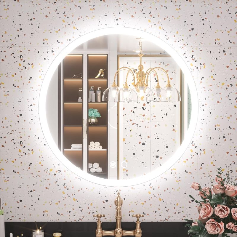 Photo 1 of Keonjinn 24 Inch LED Round Bathroom Mirror with Lights Frontlit 3 Color Temperature Lights Frameless Led Wall Mounted Vanity Makeup Mirror for Bathroom
