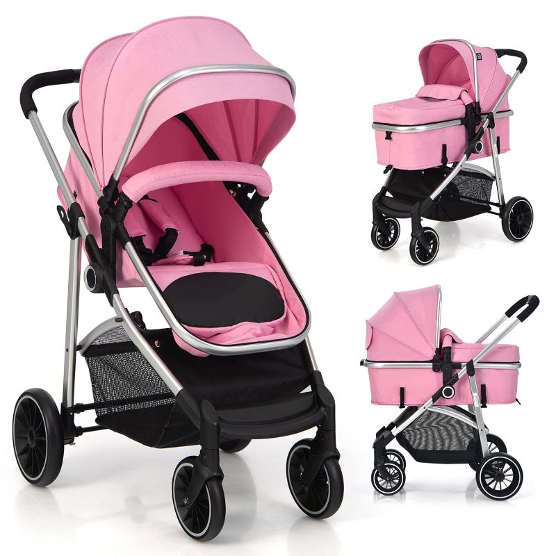 Photo 1 of BABY JOY 2 in 1 Convertible Baby Stroller, High Landscape w/Reversible Seat, Removable Footmuff, Adjustable Backrest & Canopy, Foldable Infant Pram Stroller for 0-36 Months Babies, Pink
