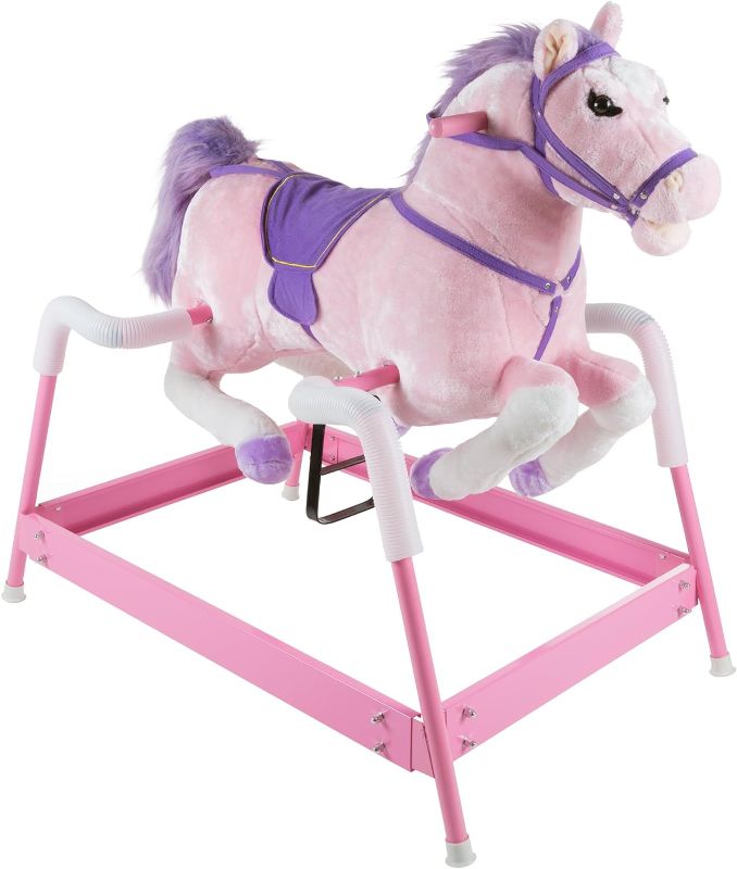 Photo 1 of 
Spring Rocking Horse Plush Ride on Toy with Adjustable Foot Stirrups and Sounds for Toddlers to 5 Years Old by Happy Trails - Pink, Large