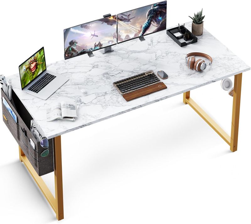 Photo 1 of ODK Computer Writing Desk 55 inch, Sturdy Home Office Table, Work Desk with A Storage Bag and Headphone Hook, White Marble + Gold Leg