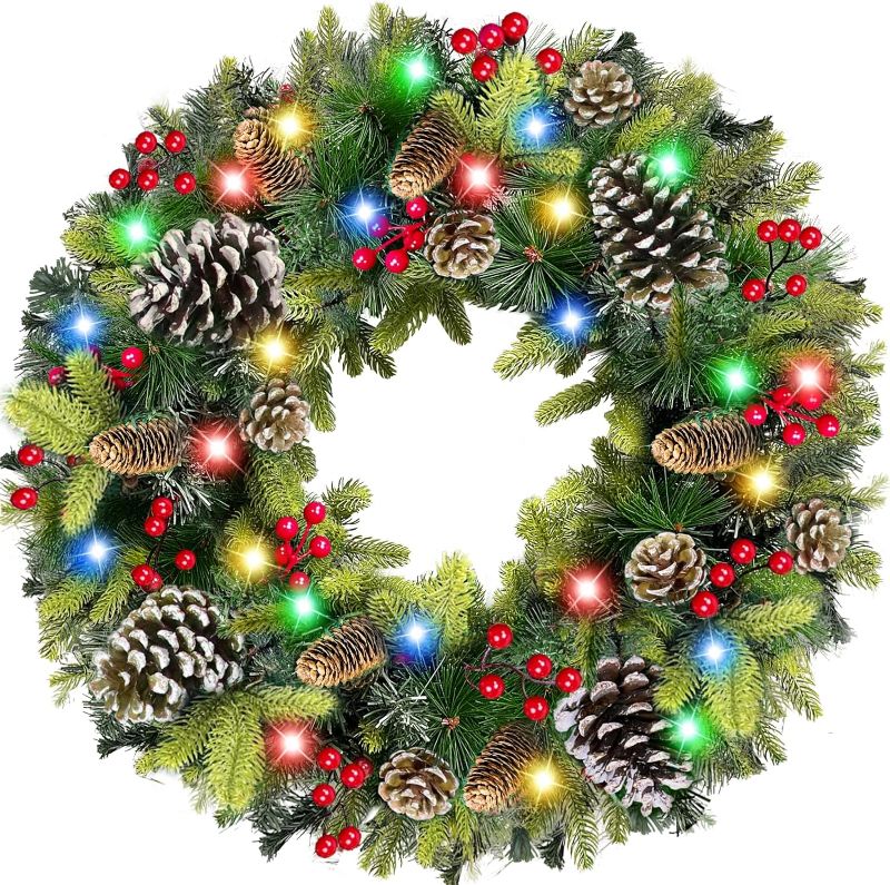 Photo 1 of 26 Inch Super Large Thick Prelit Christmas Wreath Realistic Feel 80 Lights Timer for Front Door Battery Operated Double Frame 228 Branch Jumbo Size 16 Pinecone 60 Red Berries Christmas Decoration Home