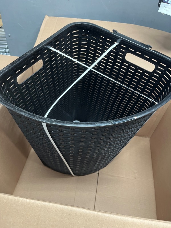 Photo 1 of Plastic Corner Laundry Hamper with Lid, Curved Designed Laundry Basket, Triangle Black Cloths Hamper Organizer with Cut-out Handles for Laundry Room Bedroom Bathroom, Wicker Design, 50 Liter Corner Black