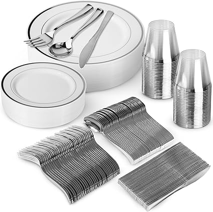 Photo 1 of 300 Piece Silver Dinnerware Set - 100 White and Silver Plates - Set of 150 Silver Plastic Silverware - 50 Plastic Cups - Disposable Silver Dinnerware Set for Party - 50 Guests
