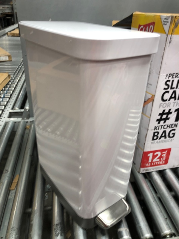 Photo 2 of **NOTES** Glad Slim Trash Can with Clorox Odor Protection - Narrow Kitchen Garbage Bin with Soft Close Lid, Step On Foot Pedal and Waste Bag Roll Holder, White Stainless Steel, 45 Liter