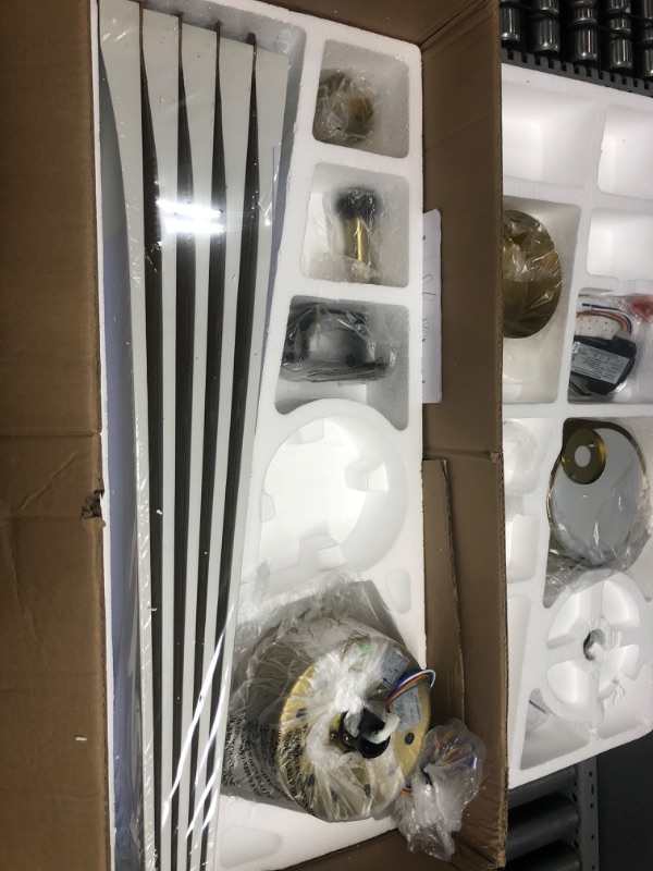 Photo 1 of WINGBO 64 Inch DC Ceiling Fan with Lights and Remote Control, 5 Reversible Carved Wood Blades, 6-Speed Noiseless DC Motor, Modern Ceiling Fan in Brass Finish with White Blades, ETL Listed 64" DC ceiling fan with light White