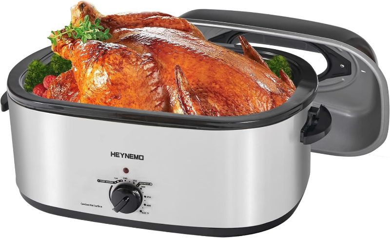 Photo 1 of 22 Quart Electric Roaster Oven, Roaster Oven, Turkey Roaster Electric, Electric Roaster, Selfbasting Lid, Removable Pan, Full-Range Temperature Control Cool-Touch Handles, Silver Body, Black Lid