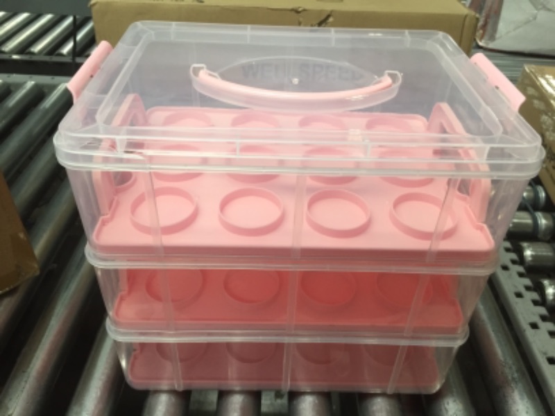 Photo 1 of Flexzion 36 Cupcake Carrier 3 Tier Stackable Storage Container Collapsible Cake Carrier with Lid and Handle, Reusable Rectangular Plastic Dessert Travel Container, Display Holder Transport Box (Pink) 3 Tier (36 Slot) Pink