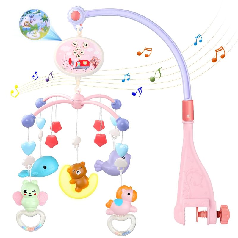 Photo 1 of Baby Mobile for Crib Toys with Lights & Sooth Music, Light Moon Bear and Ceiling Projector, Musical Timer, Crib Toys for Babies Age 0M+ (Pink)
