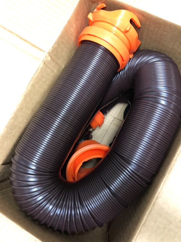 Photo 2 of Camco RhinoFLEX RV Sewer Hose Kit with Swivel Transparent Elbow and 4-in-1 Dump Station Fitting, Brown, 15 Feet (39770) 15ft Sewer Hose Kit Frustration-Free Packaging