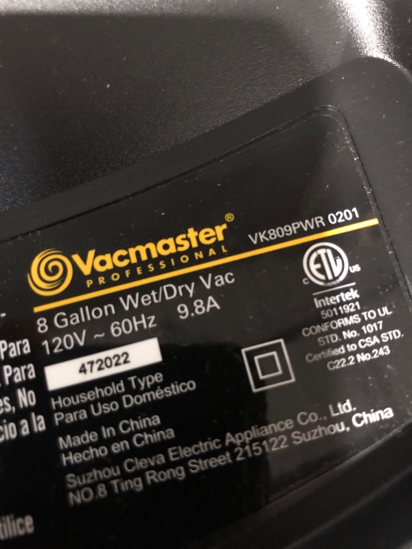 Photo 5 of ***see notes***Vacmaster VK809PWR 0201 8 Gallon 5.5 Peak HP Wet/Dry/Upholstery Shampoo Vacuum Cleaner 8 Gallon Upgrade