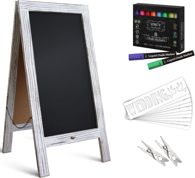 Photo 1 of HBCY Creations Rustic Magnetic A-Frame Chalkboard Deluxe Set / 8 Chalk Markers + 10 Stencils + 2 Magnets! Outdoor Sidewalk Chalkboard Sign/Large 40" x 20" Sturdy Sandwich Board (The Deluxe Set)
