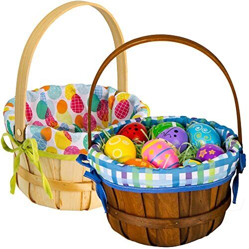 Photo 1 of JOYIN 2 Pcs Easter Natural Woven Woodchip Basket with Lining, Easter Wicker Wooden Eggs Basket with Handle for Picnic, Gift Packing, Storage and Decor
