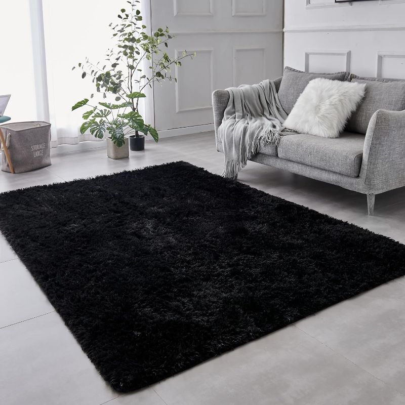 Photo 1 of 6x9 Modern Indoor Home Living Room Area Rugs, Anti-Skid Soft Fluffy Shag Fur Bedroom Rugs for Kids Playroom Decor Black