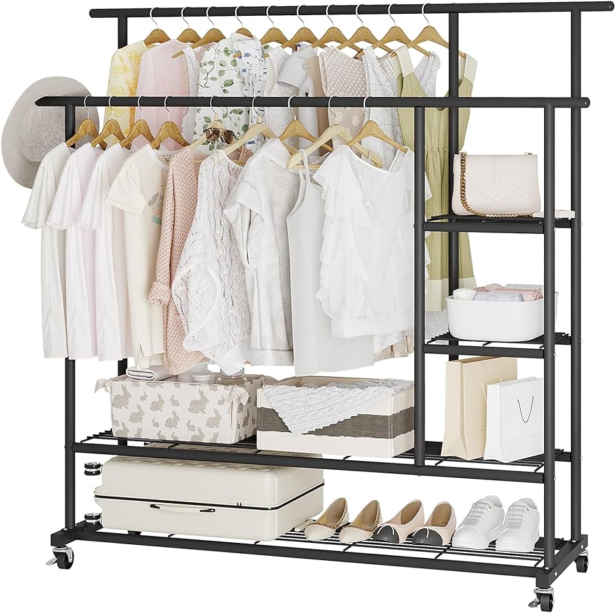 Photo 1 of *** PARTS ONLY***UDEAR Double Rods Garment Rack with Wheels,Multi-functional Rolling Hanging Clothes Rack 2 Bottom Shelves and Side Shelves,Open Type Clothing Rack for Bedroom,Living Room,Black